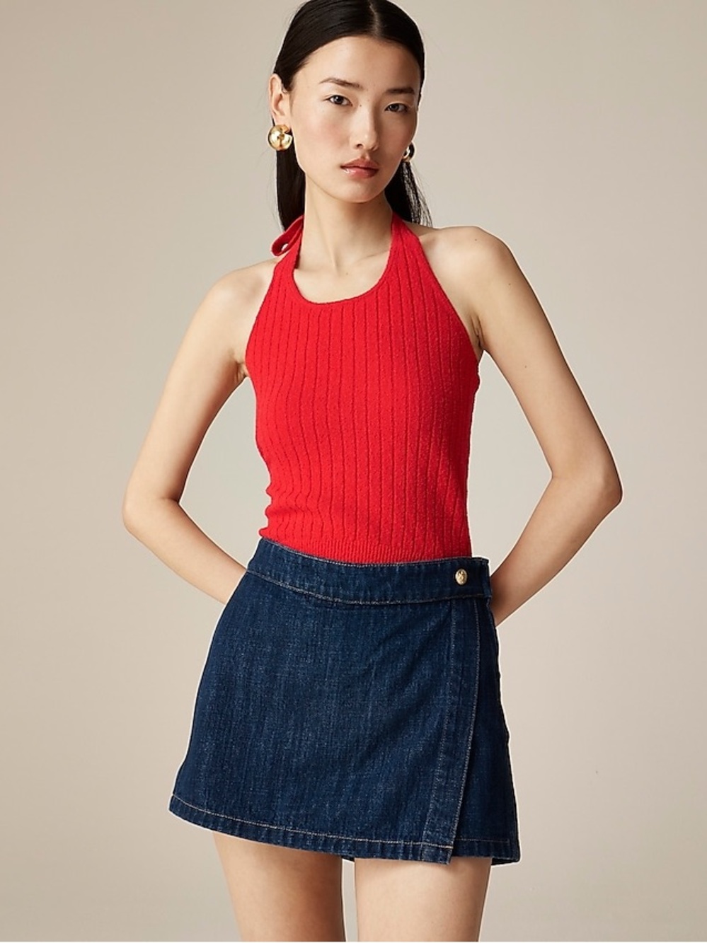 J. Crew Fine bouclé ribbed halter-neck top summer red XS